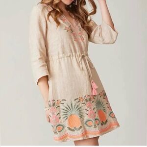 Spartina 449 Linen Dress with Embroidered Tropical Design